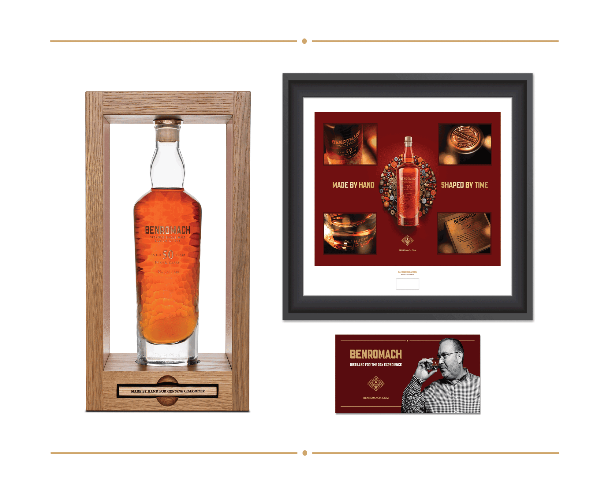 Glass decanter in wooden box of 50 Year Old Benromach Speyside Single Malt Scotch Whisky, a unique Benromach 50 print and a 'Distiller for a day' voucher Glass decanter in wooden box of 50 Year Old Benromach Speyside Single Malt Scotch Whisky, a unique Benromach 50 print and a 'Distiller for a day' voucher