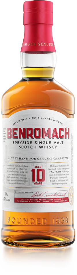 A bottle of Benromach 10 Year Old Speyside Single Malt Scotch Whisky with prominent branding on label