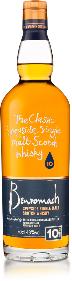 A bottle of old style Benromach 10 Year Old with branding and age statement on the label