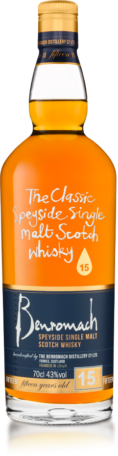 A bottle of old style Benromach 15 Year Old with branding and age statement on the label