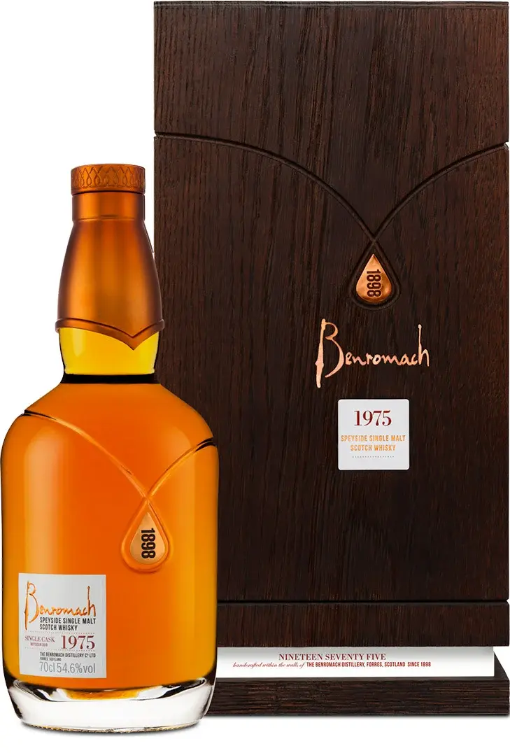 A bottle and box of Benromach Heritage 1975 with old-style branding on the label
