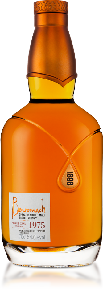 A bottle of Benromach Heritage 1975 with old-style branding on the label