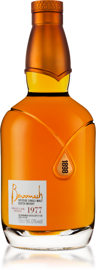 A bottle of Benromach Heritage 1977 with old-style branding on the label
