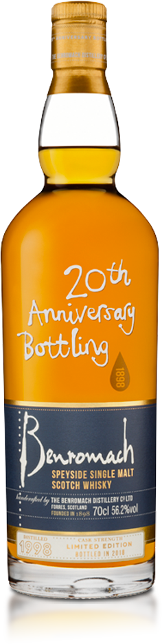 A bottle of the Benromach 20th Anniversary edition with old-style branding on the label