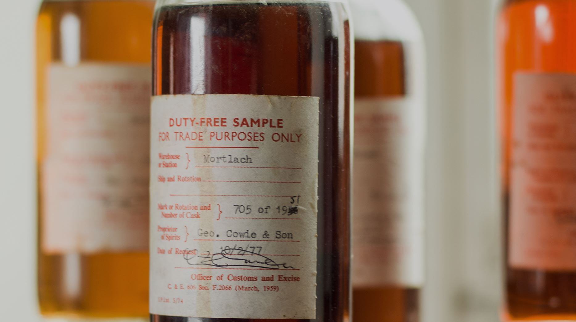 A close up of a whisky sample bottle at Gordon and MacPhail