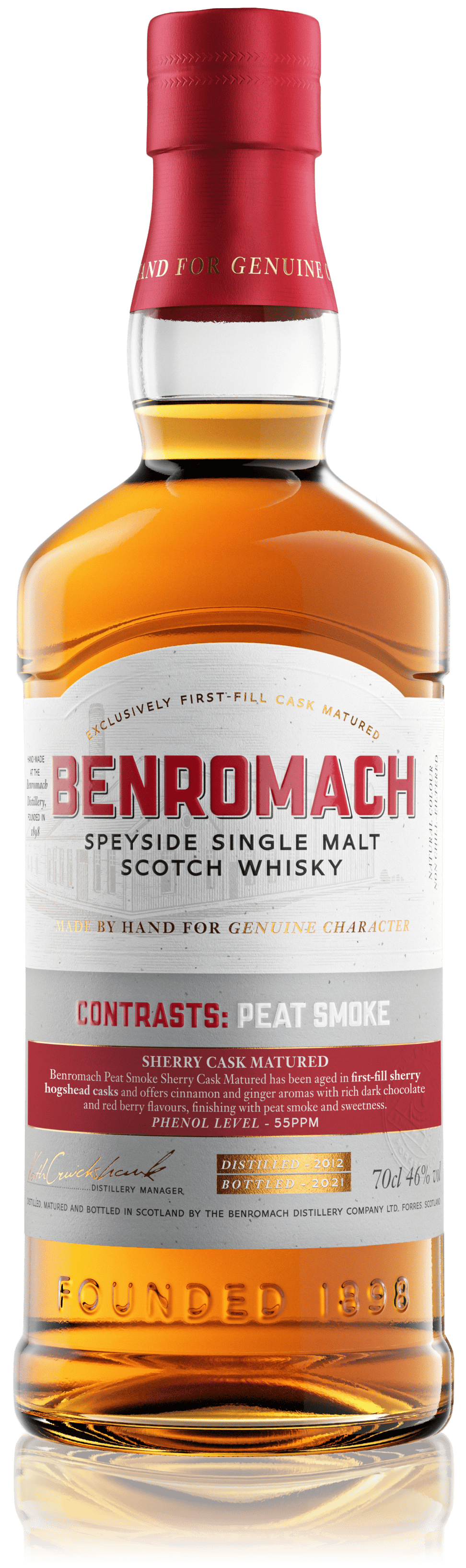 A bottle of Benromach Contrasts Peat Smoke Sherry Cask Matured with prominent branding on the label