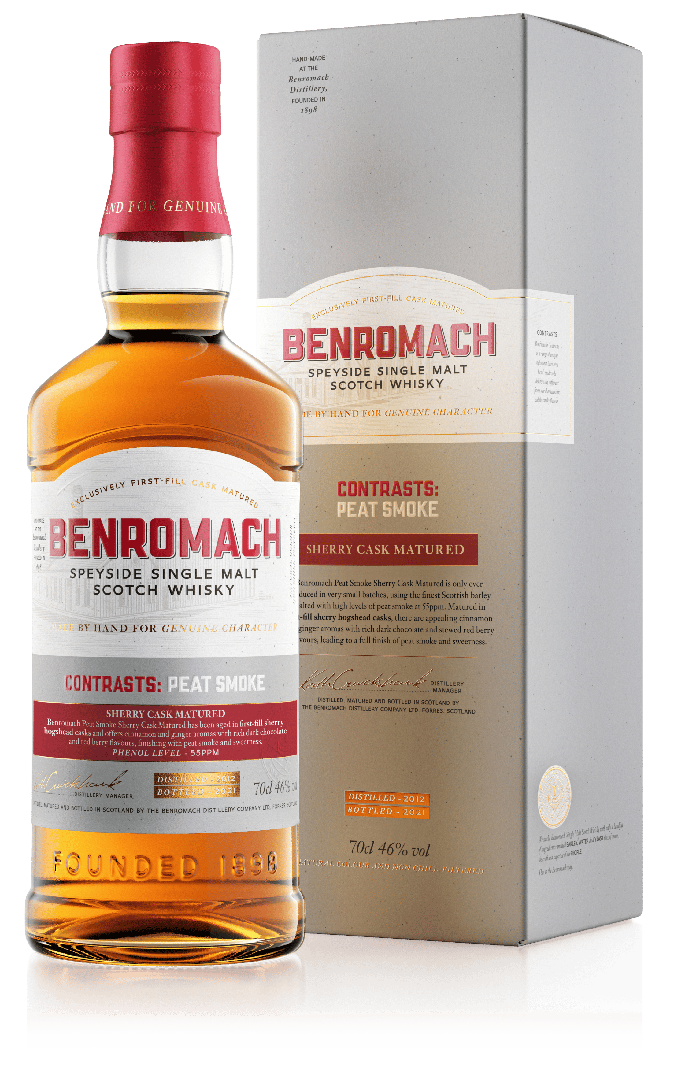 A bottle and box of Benromach Contrasts Peat Smoke Sherry Cask Matured with prominent branding on the label