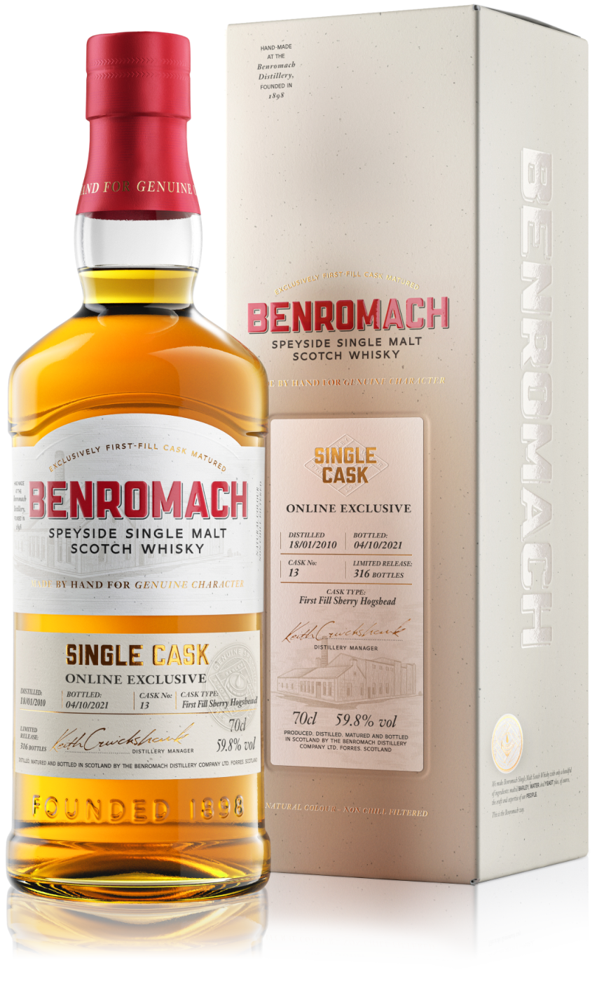 A bottle and box of Benromach Single Cask online exclusive 2010 with prominent branding on the label