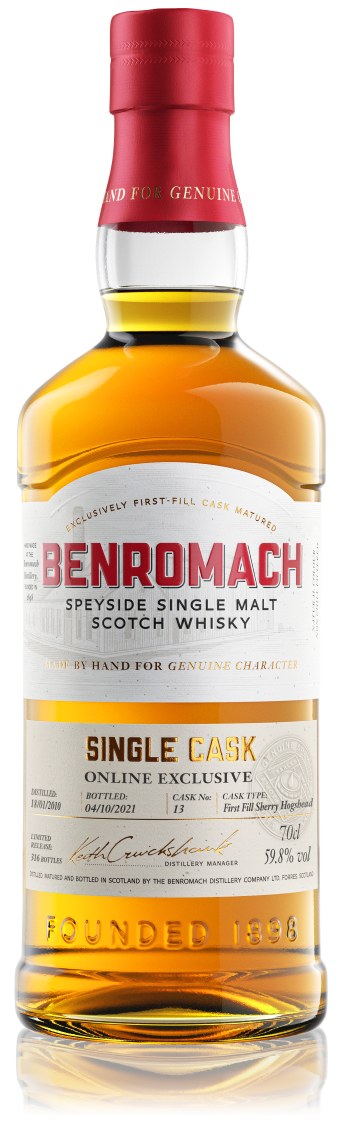 A bottle of Benromach Single Cask online exclusive 2010 with prominent branding on the label