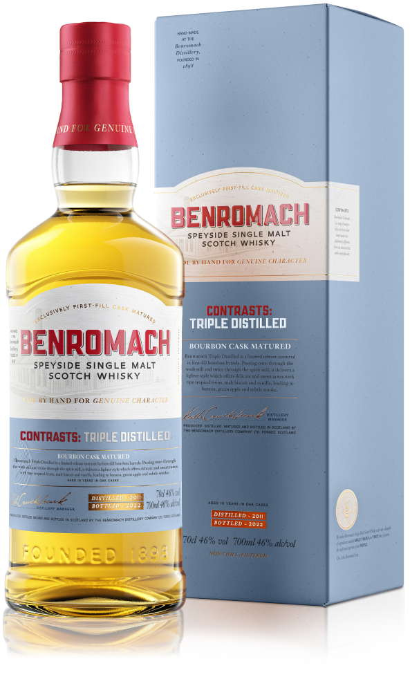 A bottle and box of Benromach Contrasts Triple Distilled with prominent branding on the label
