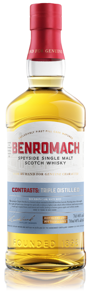 A bottle of Benromach Contrasts Triple Distilled with prominent branding on the label