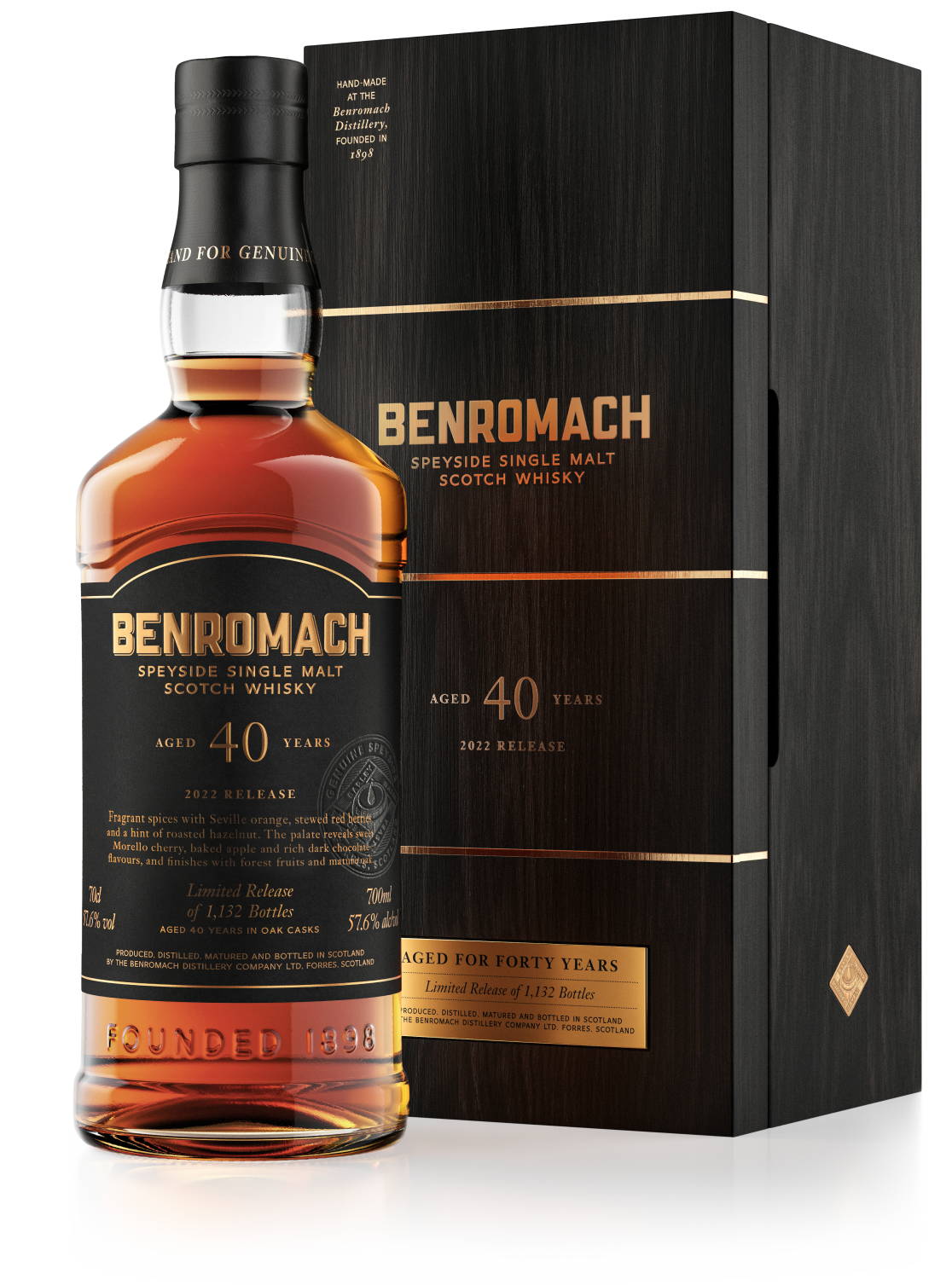 A bottle of Benromach 40 Year Old Speyside Single Malt Scotch Whisky with branding on a bespoke label and gift box