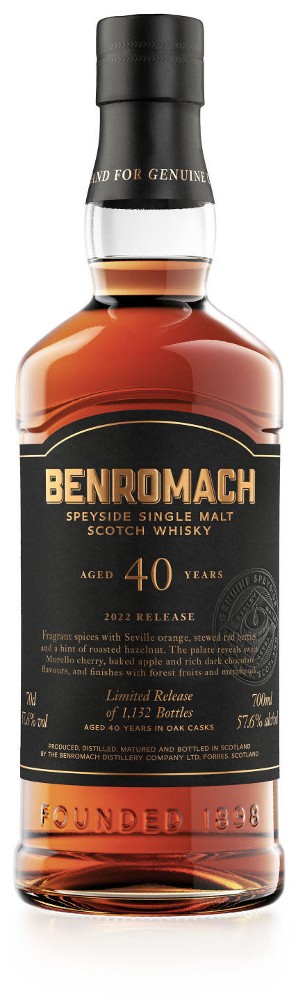 A bottle of Benromach 40 Year Old Speyside Single Malt Scotch Whisky with branding on a bespoke label