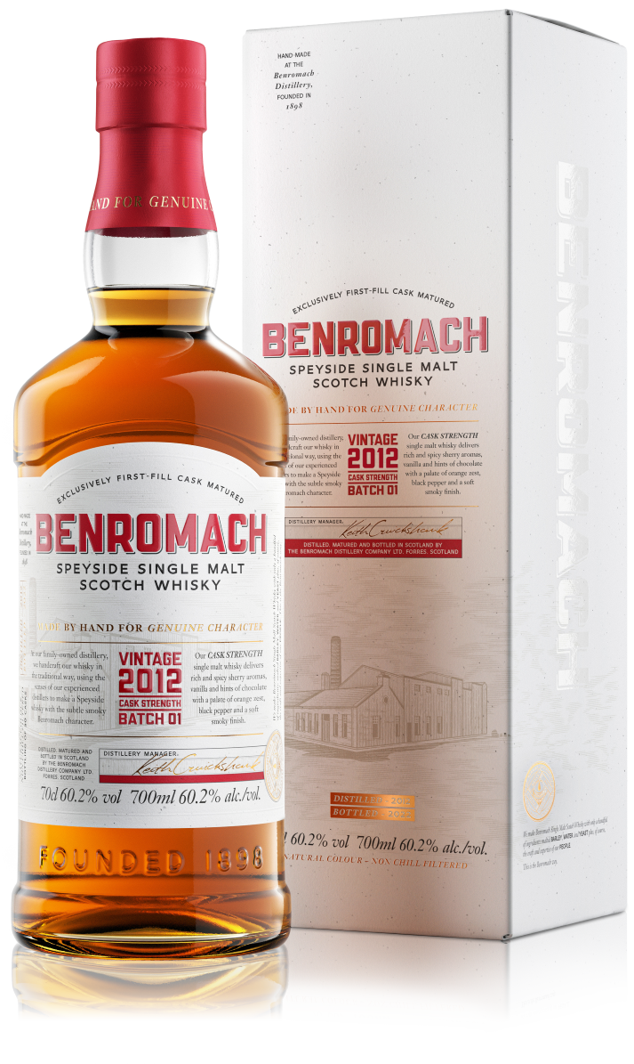 A bottle and box of Benromach Cask Strength Vintage 2012 Batch 1 with prominent branding on the label
