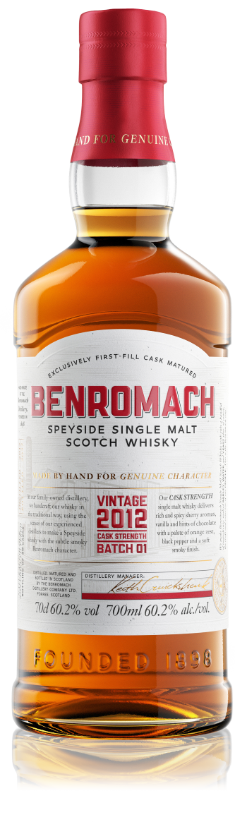 A bottle of Benromach Cask Strength Vintage 2012 Batch 1 with prominent branding on the label