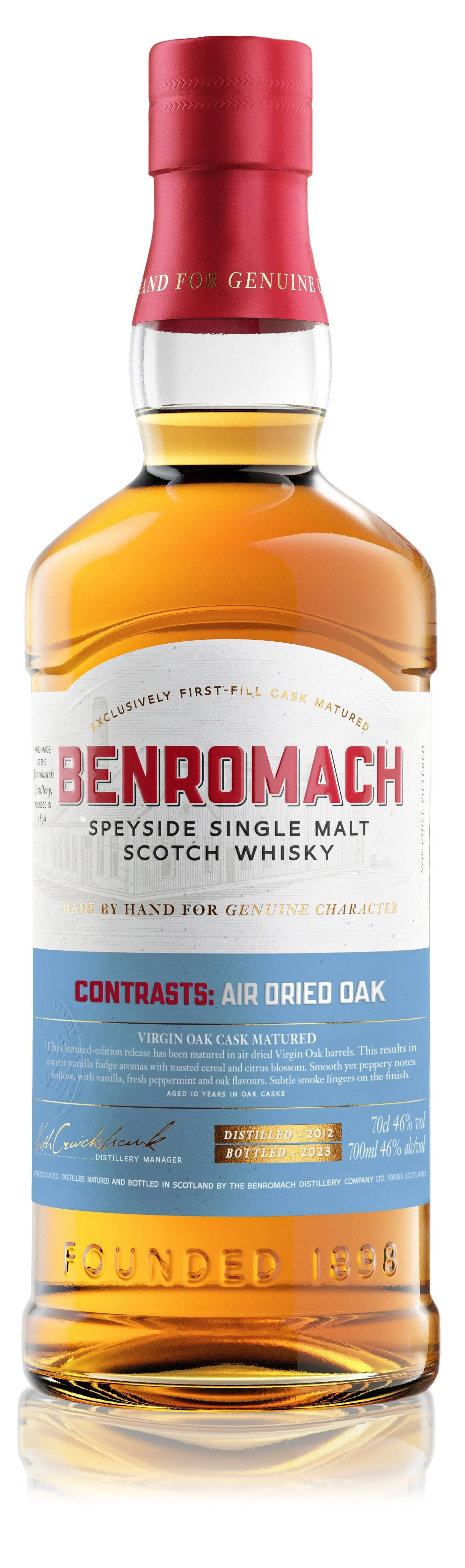 A bottle of Benromach Contrasts Air Dried Oak Speyside Single Malt Scotch Whisky with branding on the label