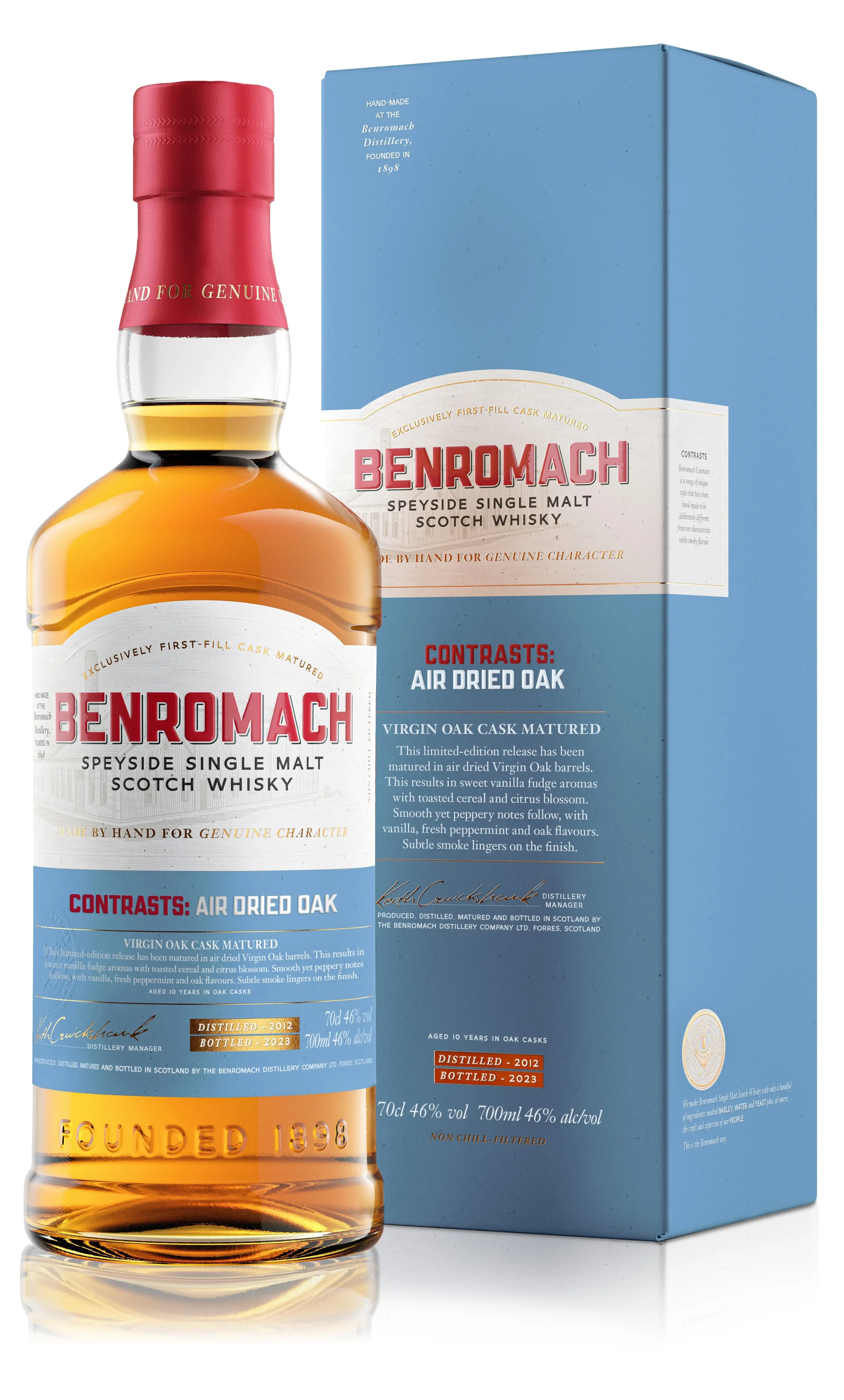 A bottle of Benromach Contrasts Air Dried Oak Speyside Single Malt Scotch Whisky with branding on the label and gift box