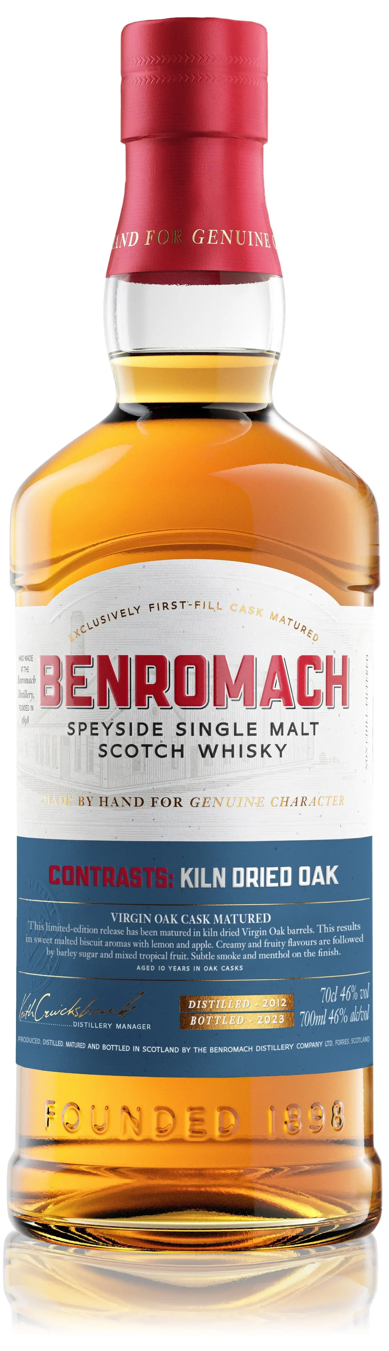 A bottle of Benromach Contrasts: Kiln Dried Oak Speyside Single Malt Scotch Whisky with branding on the label