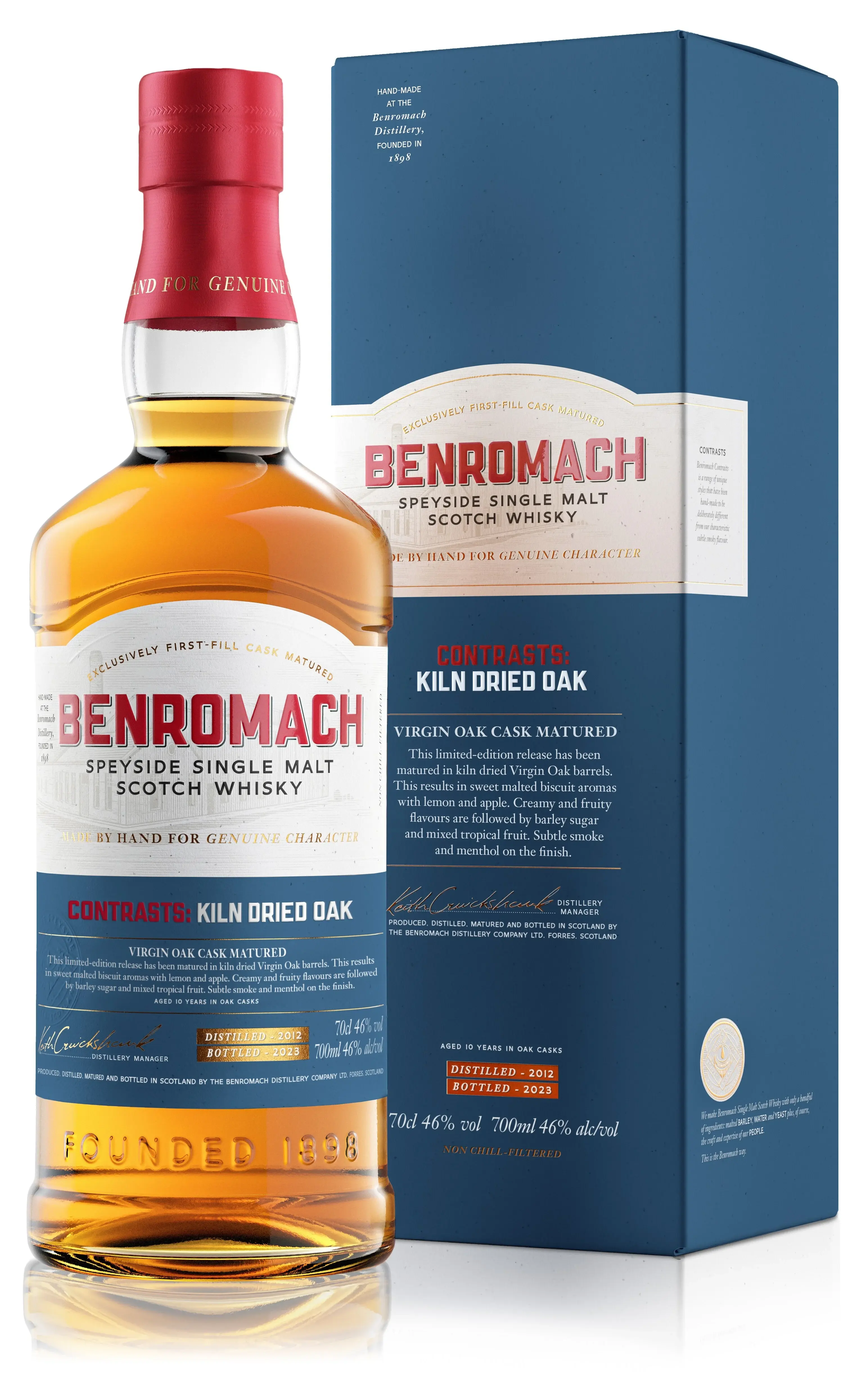 A bottle of Benromach Contrasts Kiln Dried Oak Speyside Single Malt Scotch Whisky with branding on the label and gift box