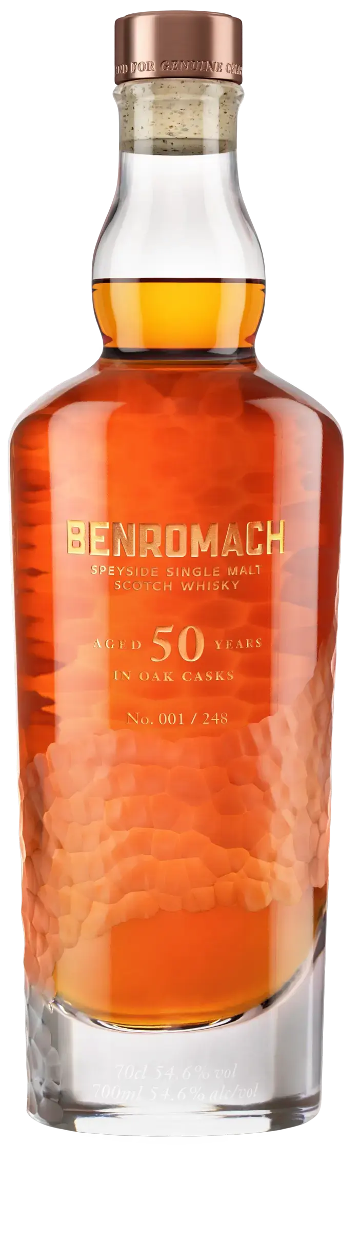 A bottle of Benromach 50 Year Old Speyside Single Malt Scotch Whisky with bespoke branding