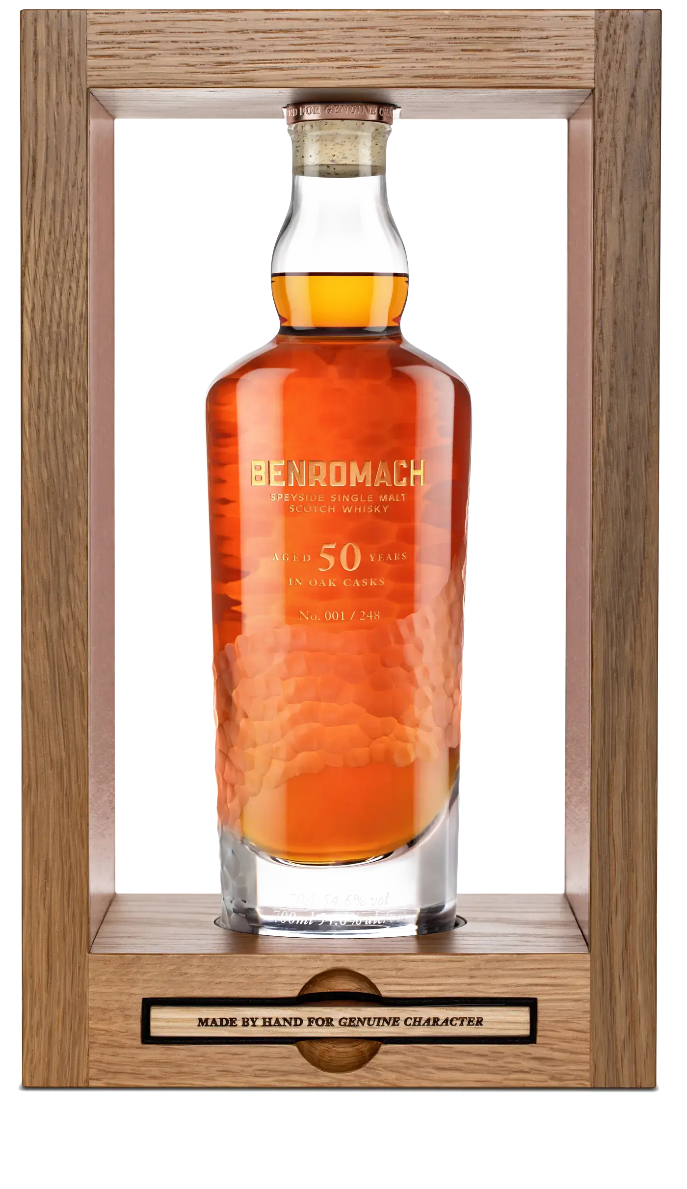 A bottle of Benromach 50 Year Old Speyside Single Malt Scotch Whisky with bespoke branding and wooden gift box
