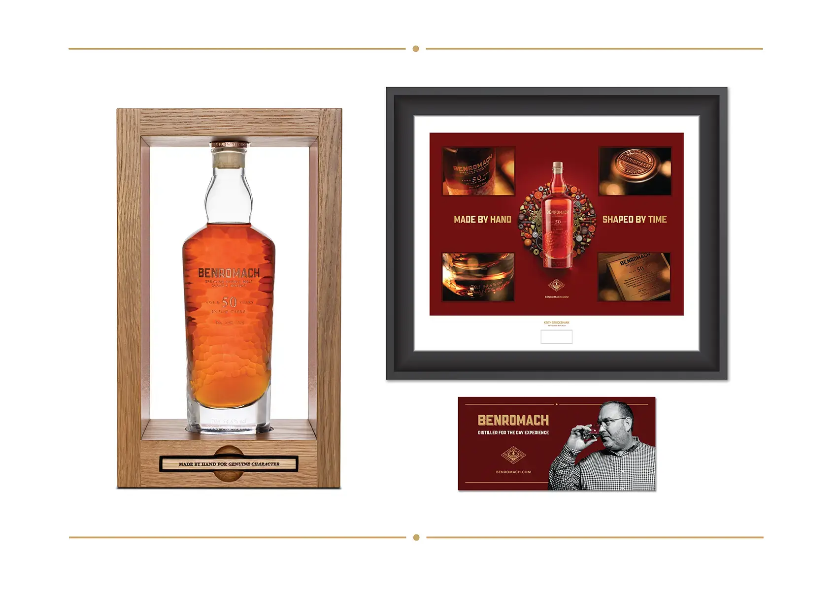 A glass decanter and wooden box of the Benromach 50 Year Old Speyside Single Malt and print and voucher for distiller for a day