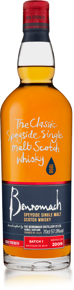 A bottle of old style Benromach Cask Strength Vintage 2009 Batch 1 with branding on the label