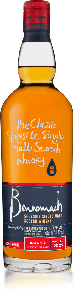 A bottle of old style Benromach Cask Strength Vintage 2009 Batch 2 with branding on the label