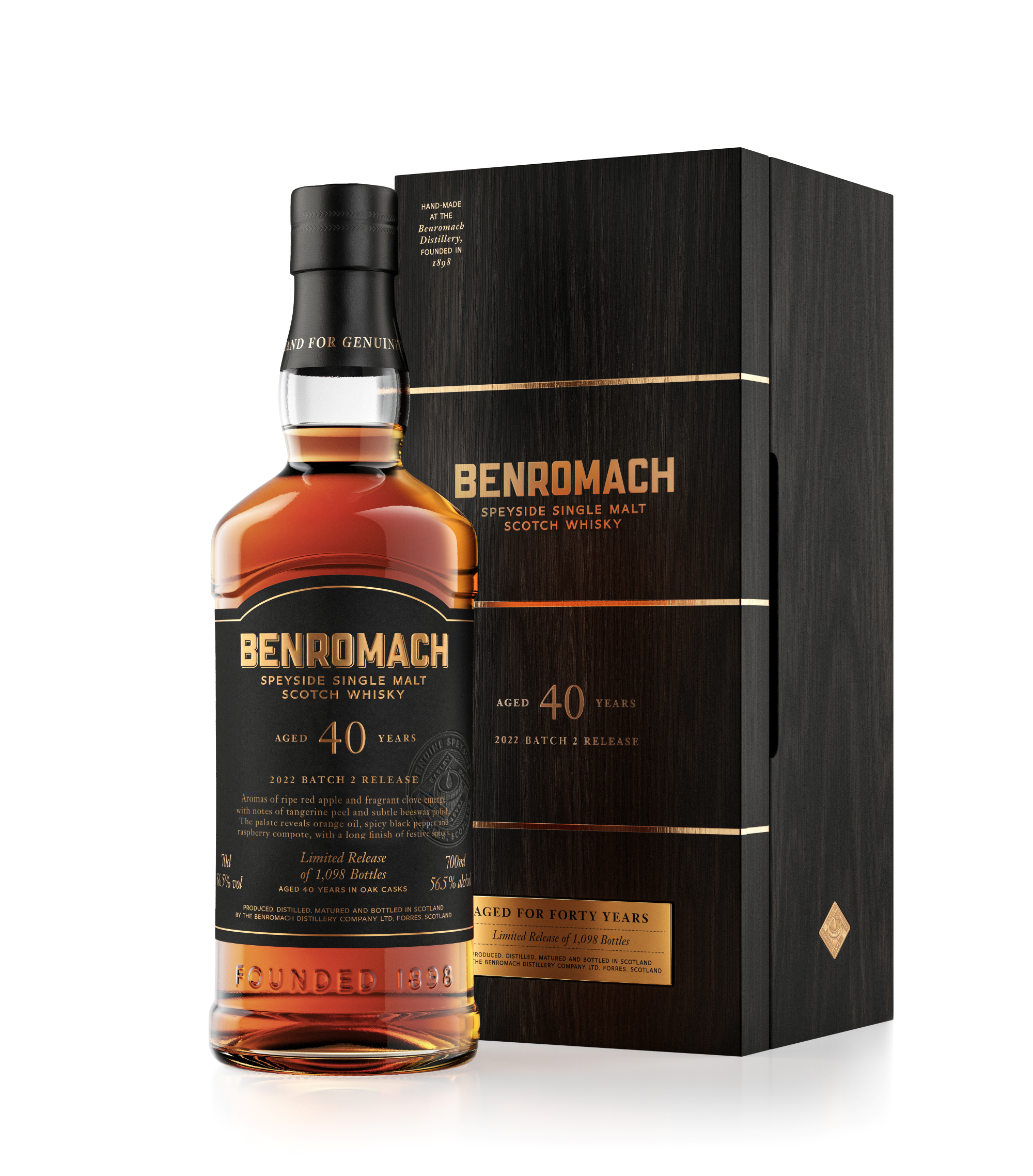 A bottle and bespoke box of Benromach 40 Year Old Speyside Single Malt Scotch Whisky with branding on the label