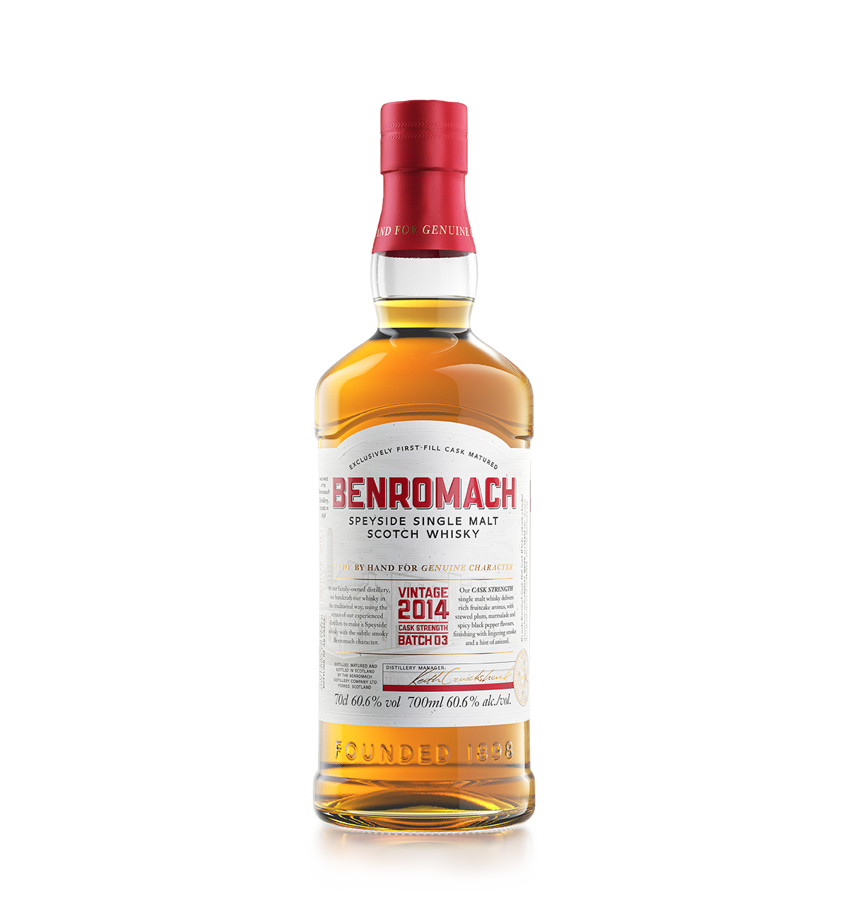 A bottle of Benromach Cask Strength Vintage 2014 Speyside Single Malt Whisky with branding prominent on label