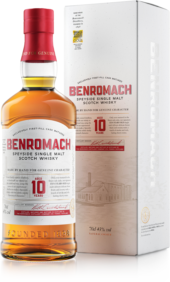 A bottle of Benromach 10 Year Old Speyside Single Malt Scotch Whisky with branding on the label and gift box