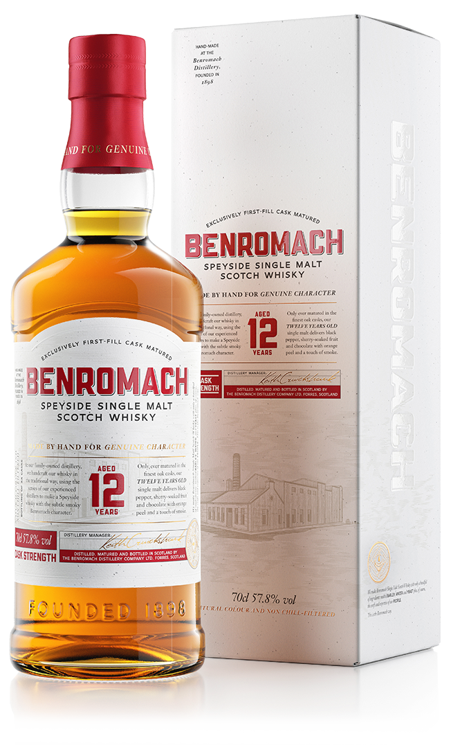 A bottle and box of Benromach 12 Year Old Taiwan market exclusive with prominent branding on the label