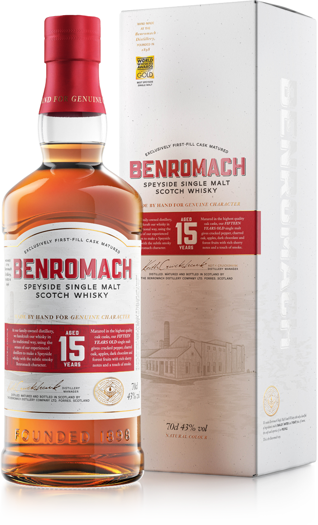 A bottle and box of Benromach 15 Year Old Speyside Single Malt Scotch Whisky with prominent branding on label