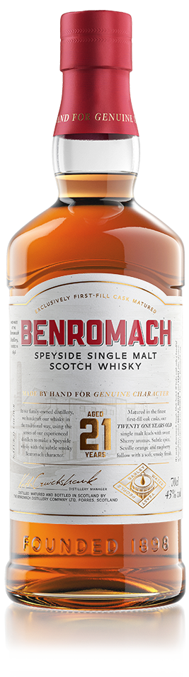A bottle of Benromach 21 Year Old Speyside Single Malt Whisky with branding and age prominent on label