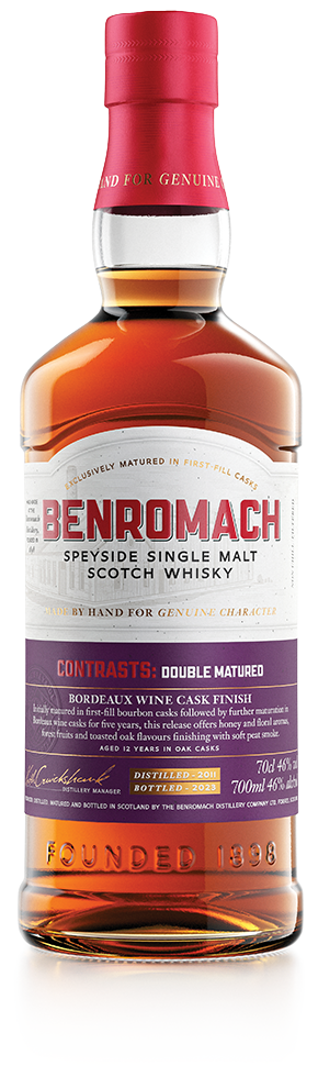 A bottle of Benromach Contrasts: Double Matured Speyside Single Malt Whisky with branding prominent on label