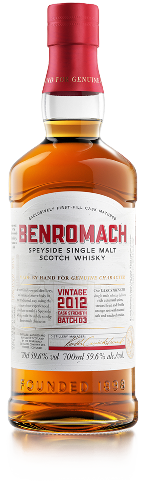 A bottle of Benromach Cask Strength Vintage 2012 Batch 3 with prominent branding on the label