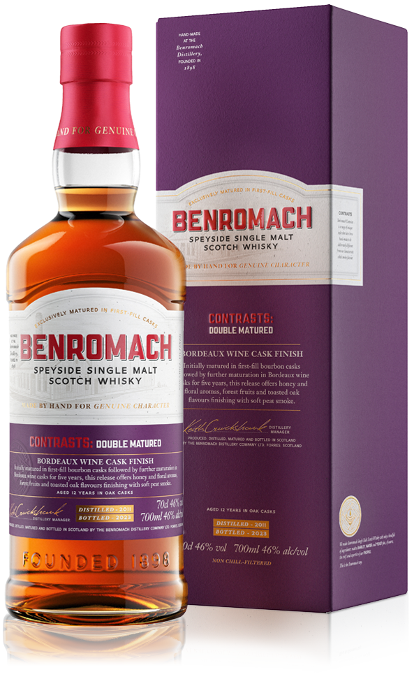 A bottle and box of Benromach Contrasts: Double Matured Speyside Single Malt Whisky with branding prominent on label