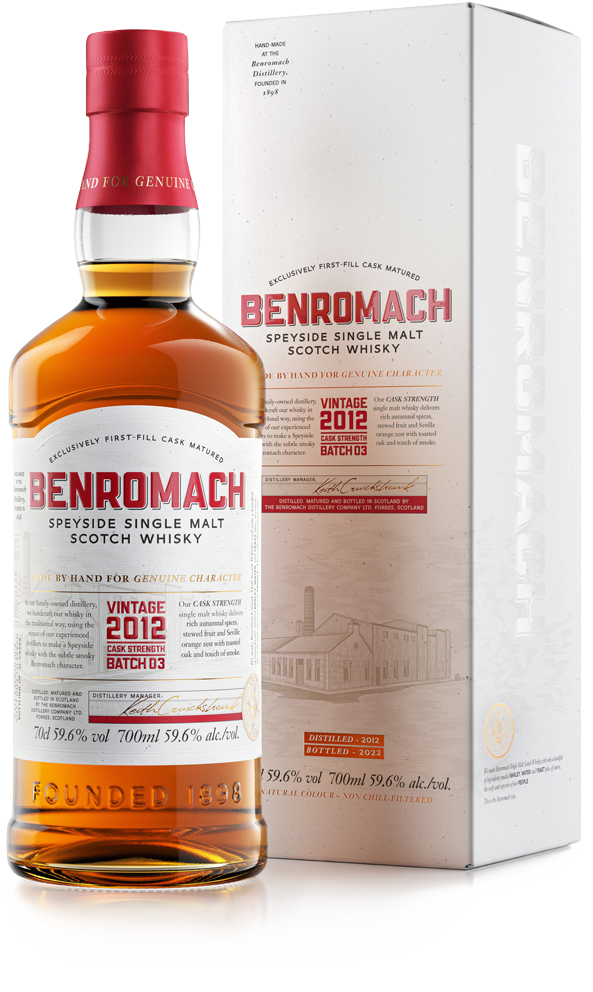 A bottle and box of Benromach Cask Strength Vintage 2012 Batch 3 with prominent branding on the label