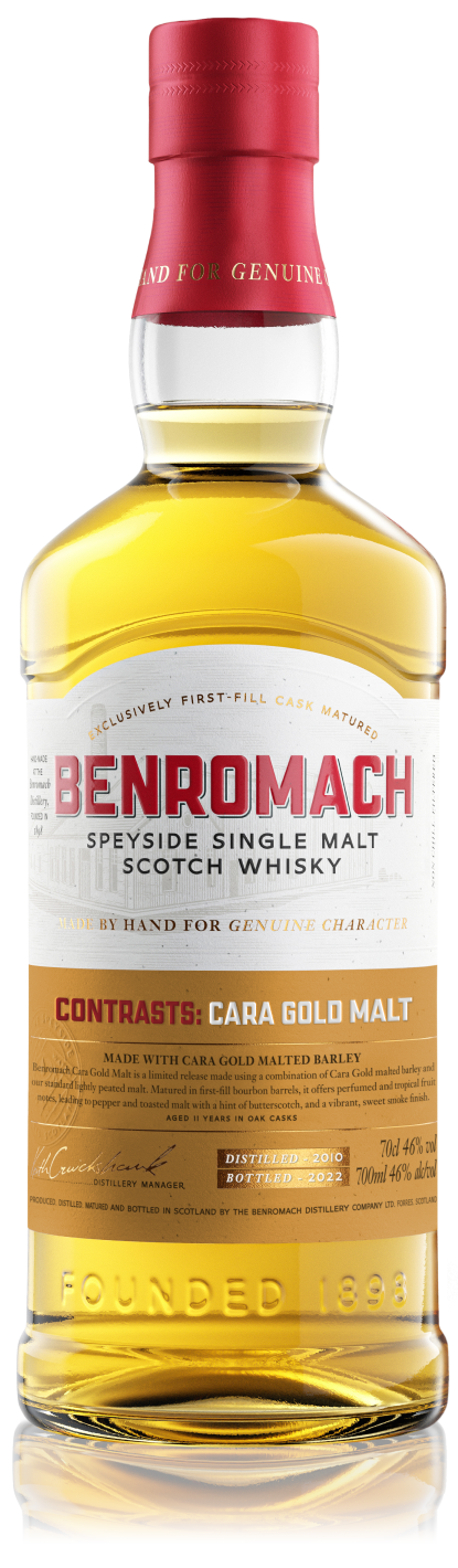 A bottle of Benromach Contrasts Cara Gold Malt with prominent branding on the label