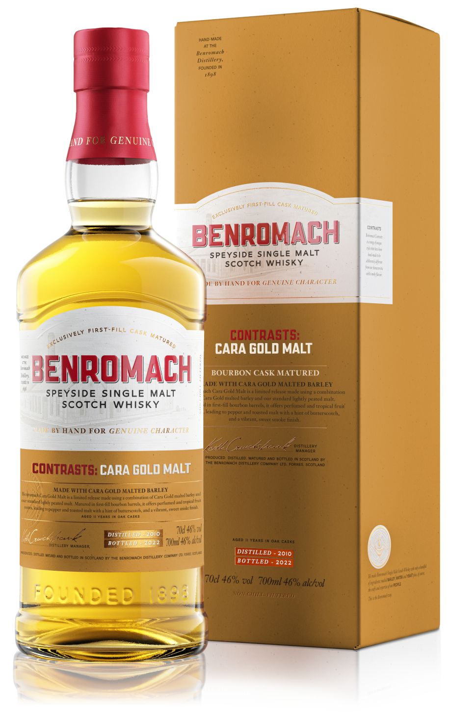 A bottle and box of Benromach Contrasts Cara Gold Malt with prominent branding on the label