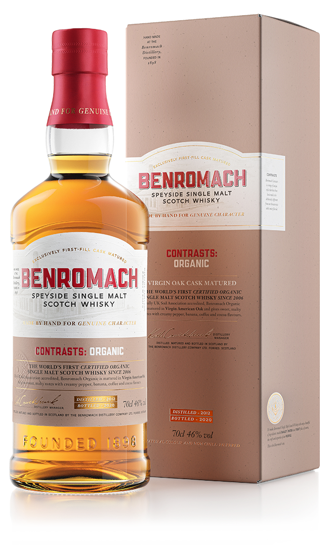 A bottle of Benromach Contrasts Organic Speyside Single Malt Scotch Whisky with branding on the label and gift box