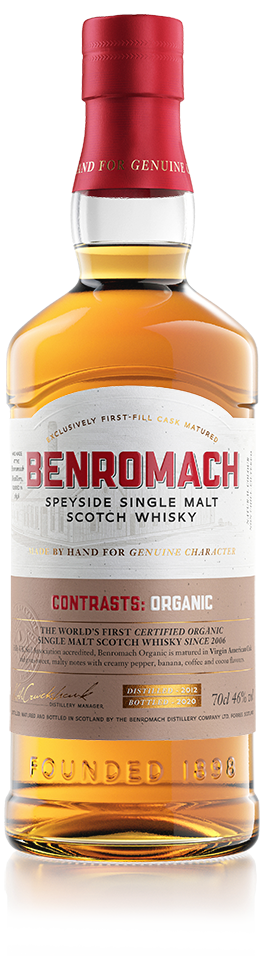 A bottle of Benromach Contrasts: Organic Speyside Single Malt Whisky with branding prominent on label