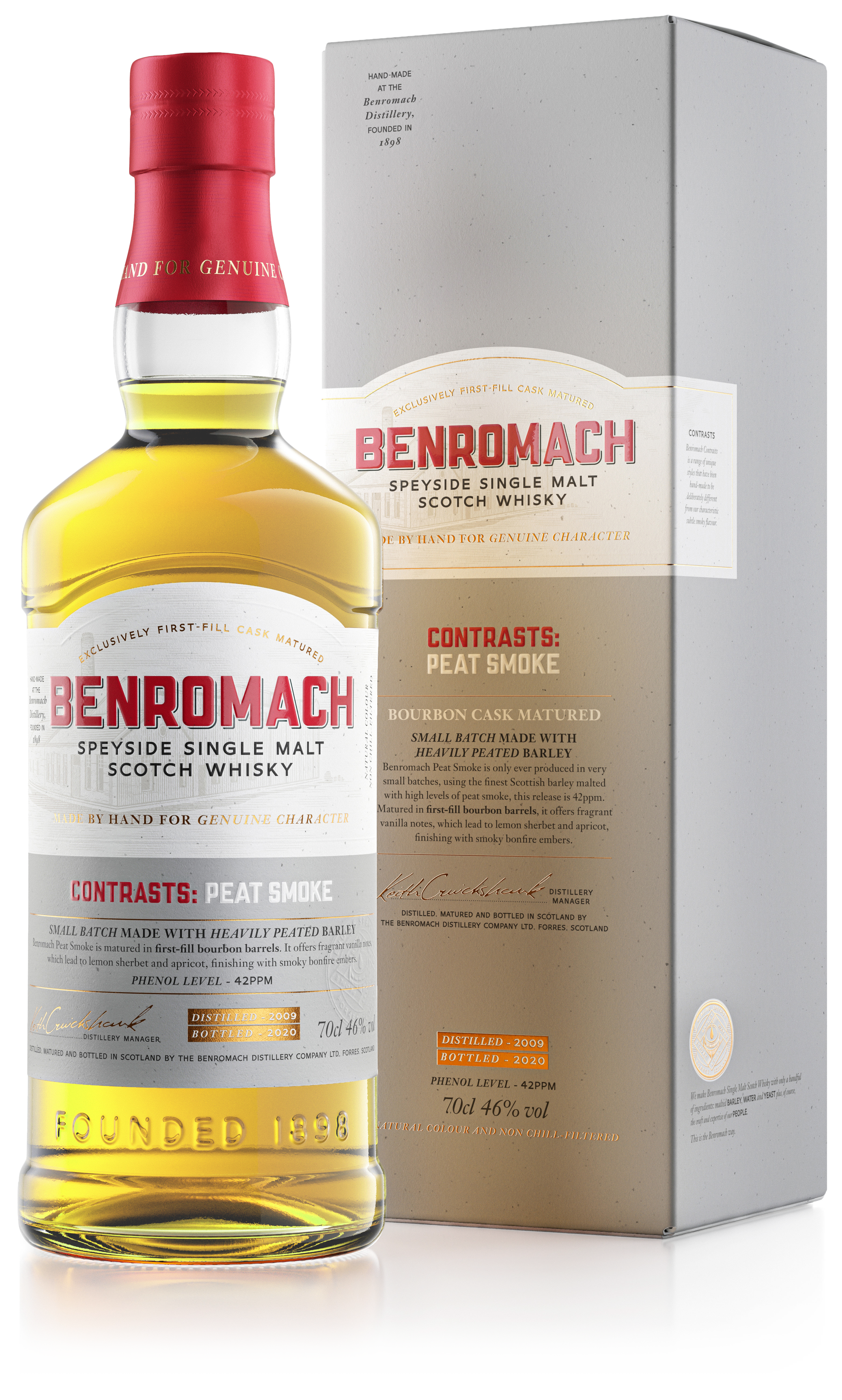 A bottle and box of Benromach Contrasts: Peat Smoke Speyside Single Malt Scotch Whisky with branding on the label