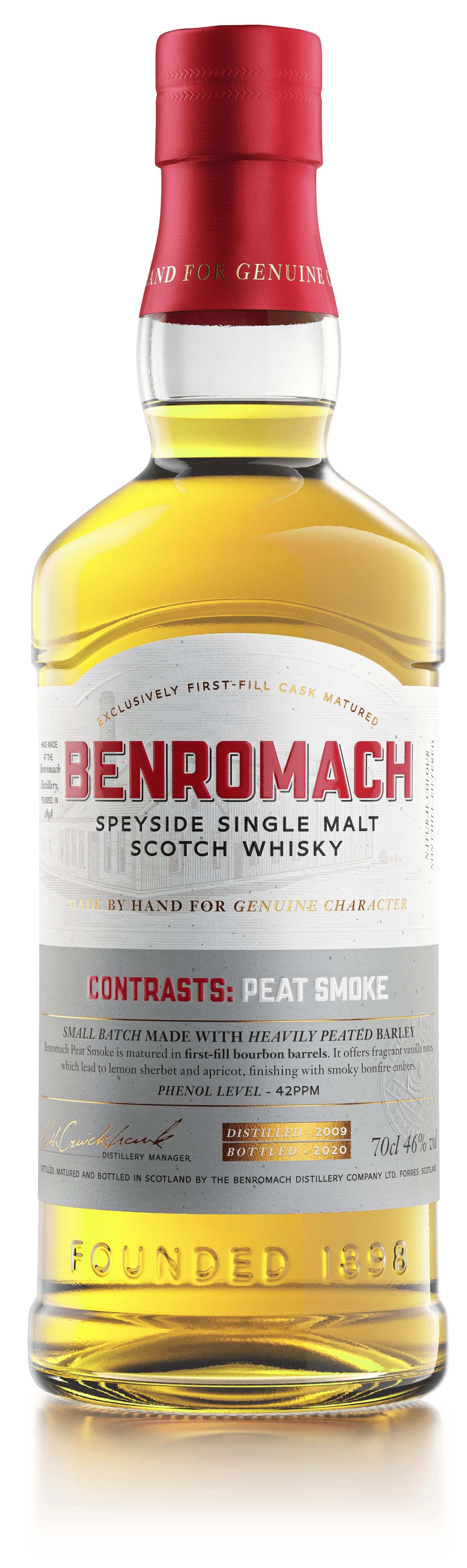 A bottle of Benromach Contrasts: Peat Smoke Speyside Single Malt Scotch Whisky with branding on the label