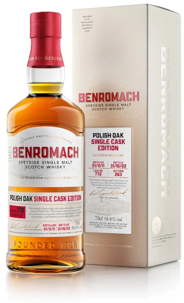 A bottle and box of Benromach Polish Oak Single Cask No. 772 with prominent branding on the label