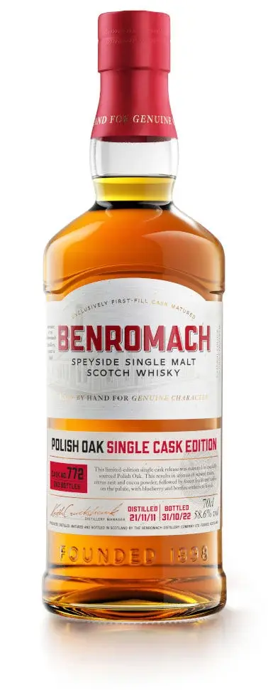 A bottle of Benromach Polish Oak Single Cask No. 772 with prominent branding on the label