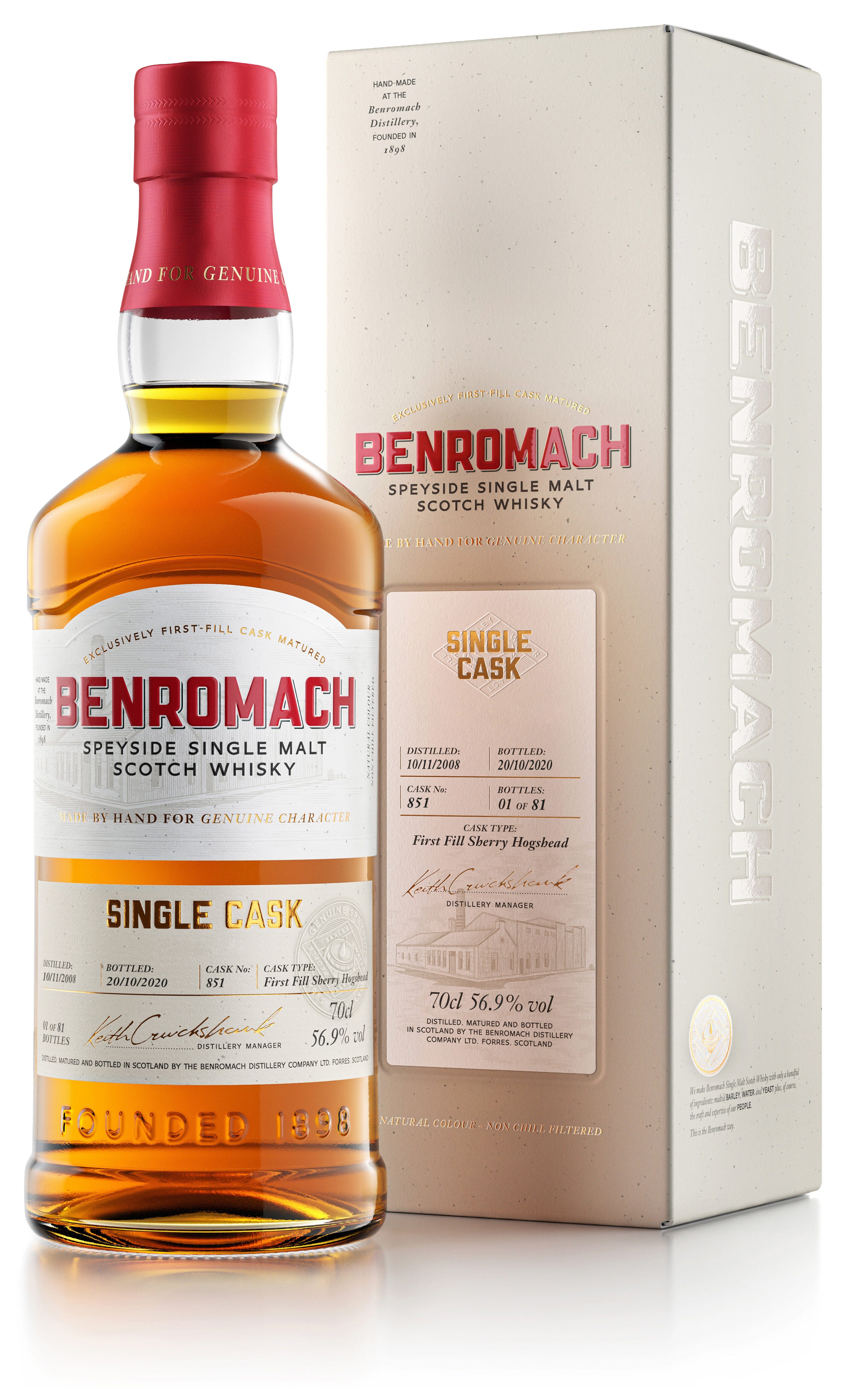 A bottle and box of Benromach Single Cask online exclusive with prominent branding on the label