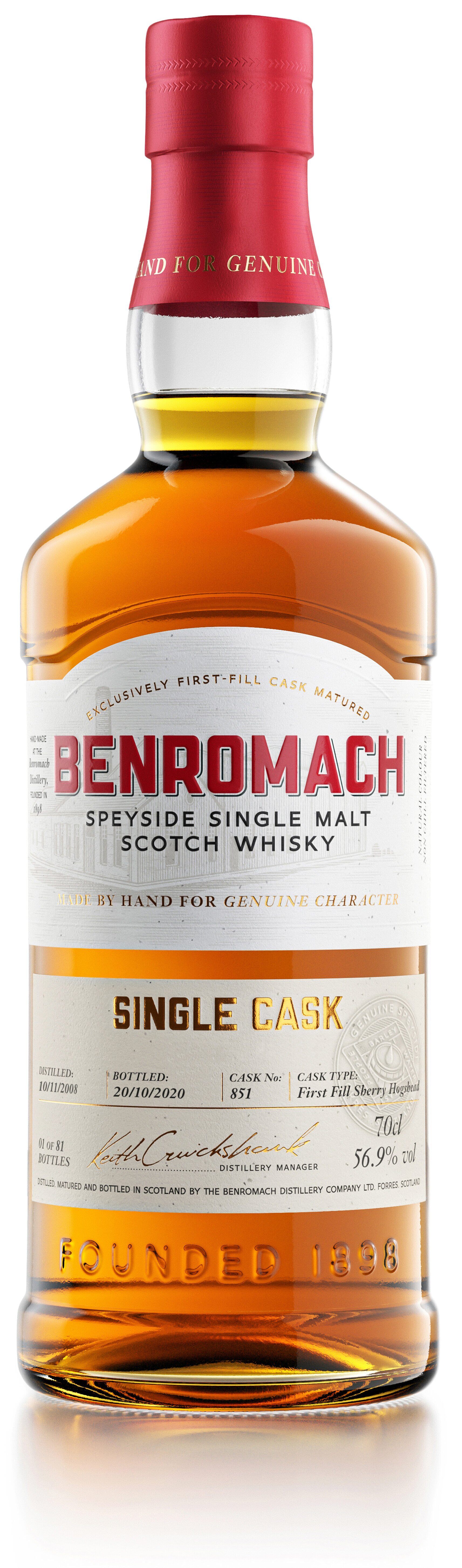 A bottle of Benromach Single Cask online exclusive with prominent branding on the label
