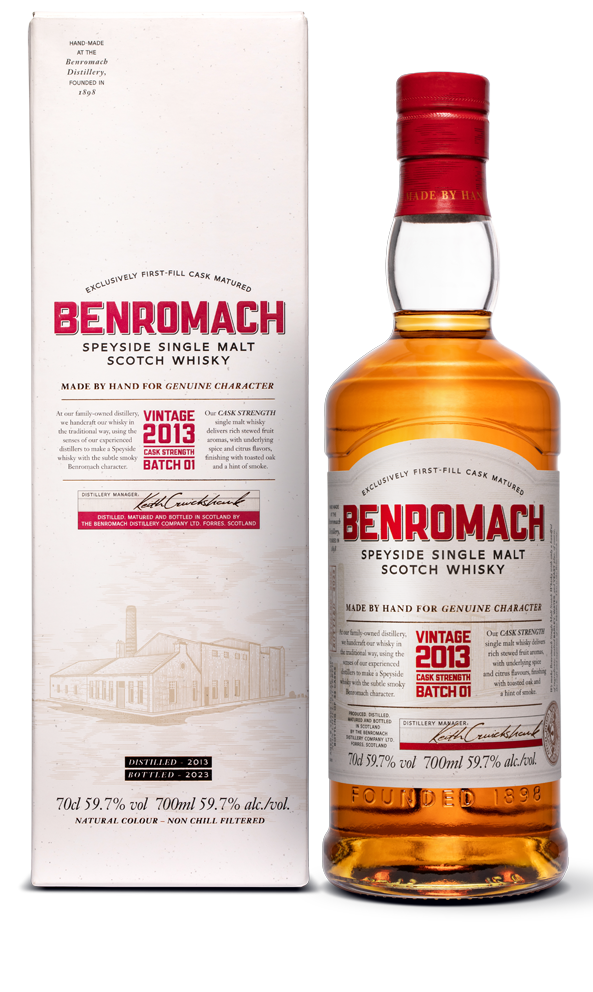 A bottle of Benromach Cask Strength Vintage 2013 Speyside Single Malt Whisky with branding prominent on label and gift box