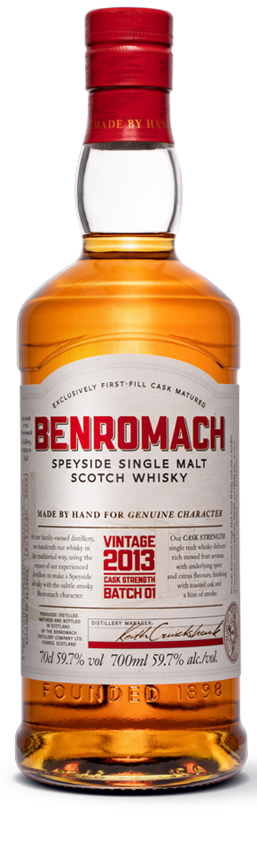 A bottle of Benromach Cask Strength Vintage 2013 Speyside Single Malt Whisky with branding prominent on label